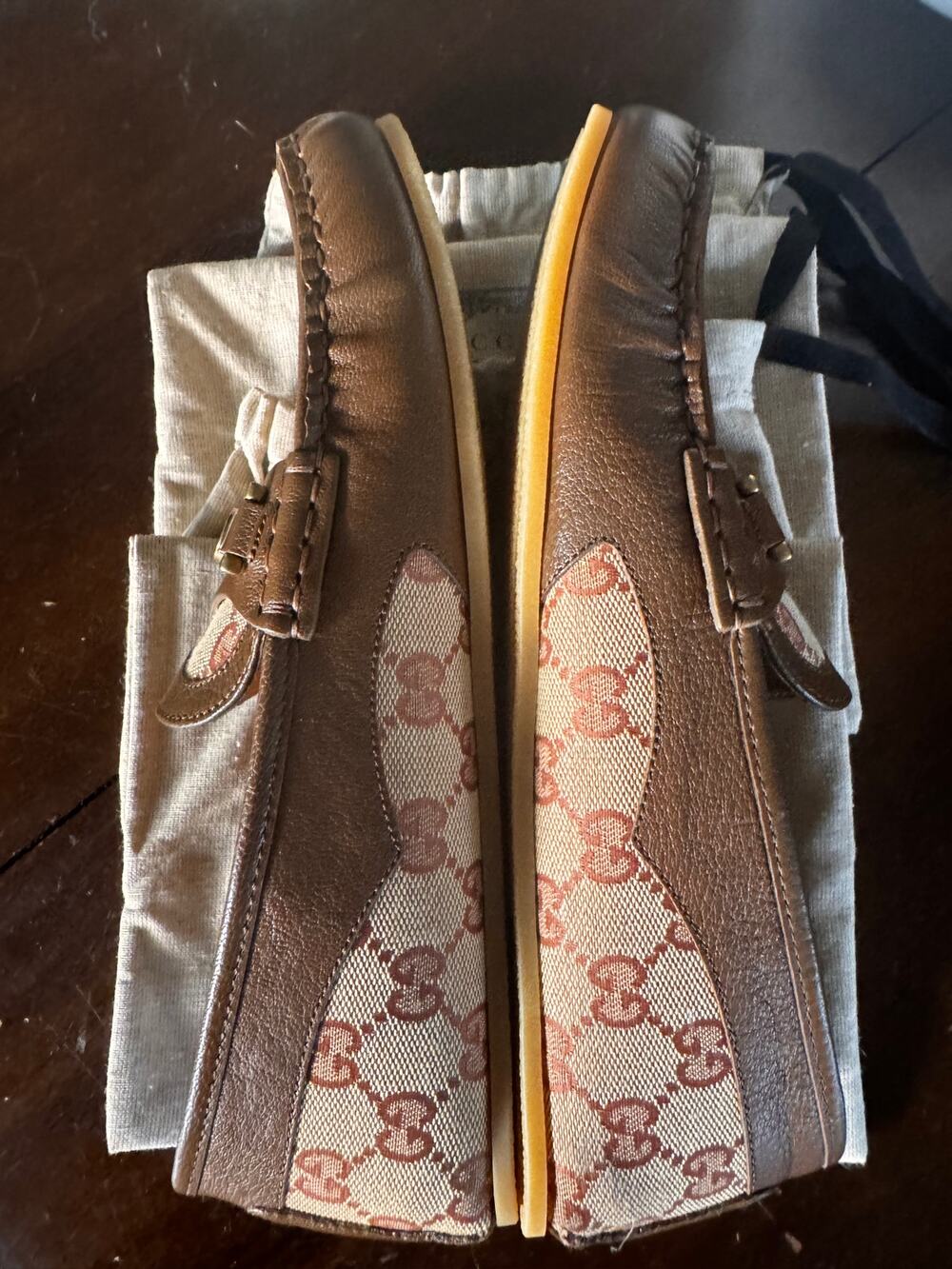 Gucci Men’s GG Canvas Horsebit Loafers Beige Brown Leather Trim Size 6.5 US